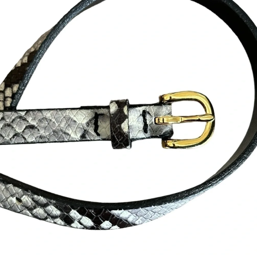 J.Crew Skinny Belt Size S Gray Snake Print Genuine Italian Leather Gold Buckle